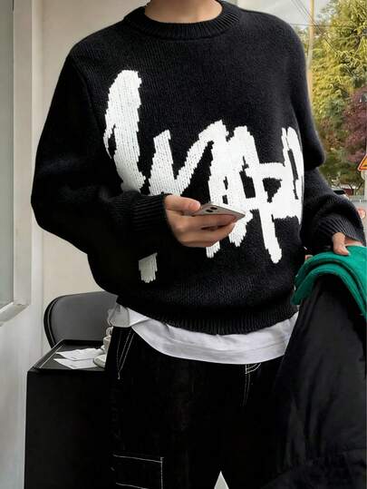 1 件青少年男孩休闲撞色圆领厚针织毛衣，适合室内、户外运动、街头穿着，秋冬季