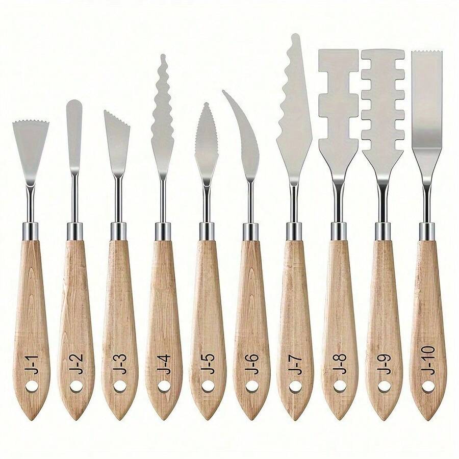 10-Piece Palette Knife Set, Stainless Steel Artist Spatula, Oil & Acrylic Paint Mixing, Comfort Wood Handles, Diverse Shapes & Sizes - Palette Knife - View 1