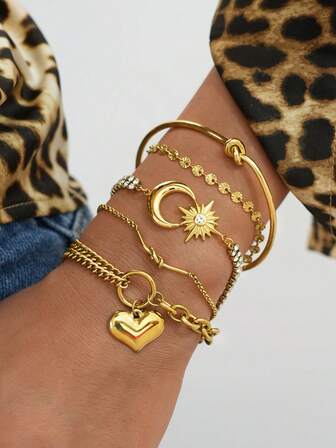 Frminee 1 Stück Liebe Stern Mond Zirkonia Edelstahl Armband für Frauen, 18 Karat vergoldet, für den täglichen Gebrauch, Damen Schmuckzubehör, Urlaubsgeschenke