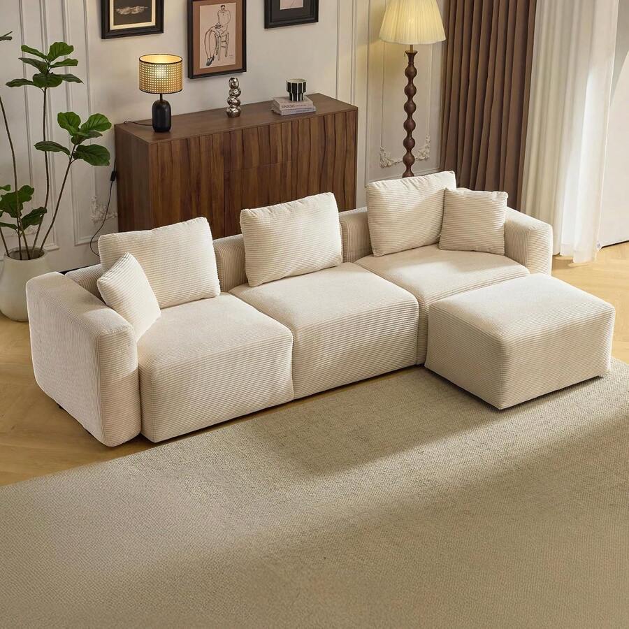 112.2" Convertible Corduroy Cloud Sectional Couches With Movable Ottoman, L-Shaped Boneless Sofa With Deep Seat & Chaise Lounge, 3 Seater Modular Sofa, No Assembly Required, Cream,23110030 - Vàng - Xem 1
