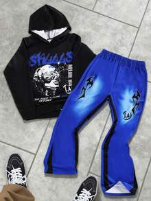 2 件套 Tween Boy 街头风格图案印花连帽卫衣和喇叭裤套装，秋冬 - 藍色 - 查看 2