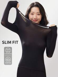 2pcs/Set Solid Color Seamless Ultra-Thin Thermal Underwear, Women Long Sleeve Crew Neck Top, Casual Innerwear For Autumn/Winter - Black - View 6