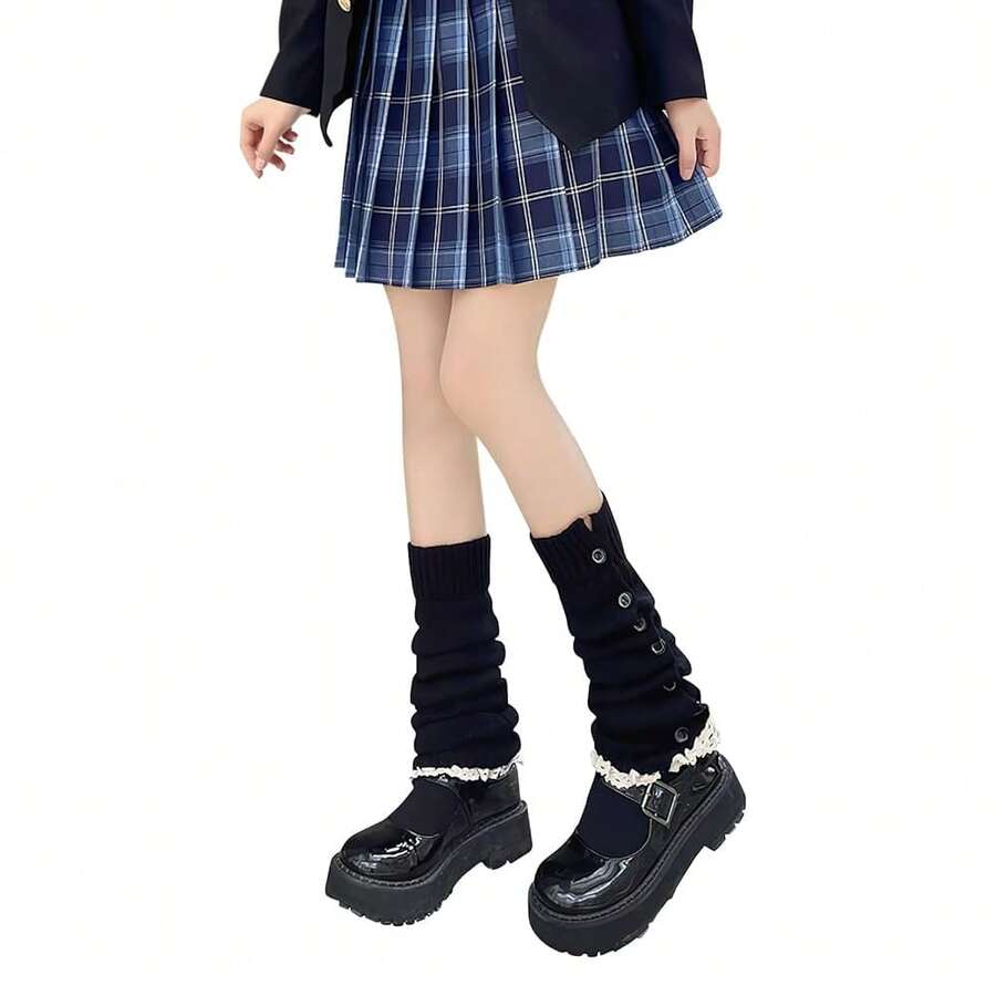 Lebaley Kawaii Leg Warmers For Girls Women - Japanese Lolita Leg Warmers Y2K Harajuku Leg Cover Stockings Kawaii Knit Socks{"Color_name":"Button3"} - 多色7 - 查看 1