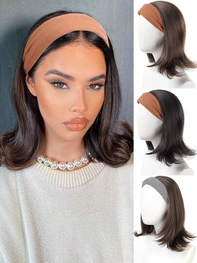 短直发头带半假发合成夹式接发蓬松自然棕黑色假发带灰咖啡发带女士日常佩戴 30 厘米 1 件