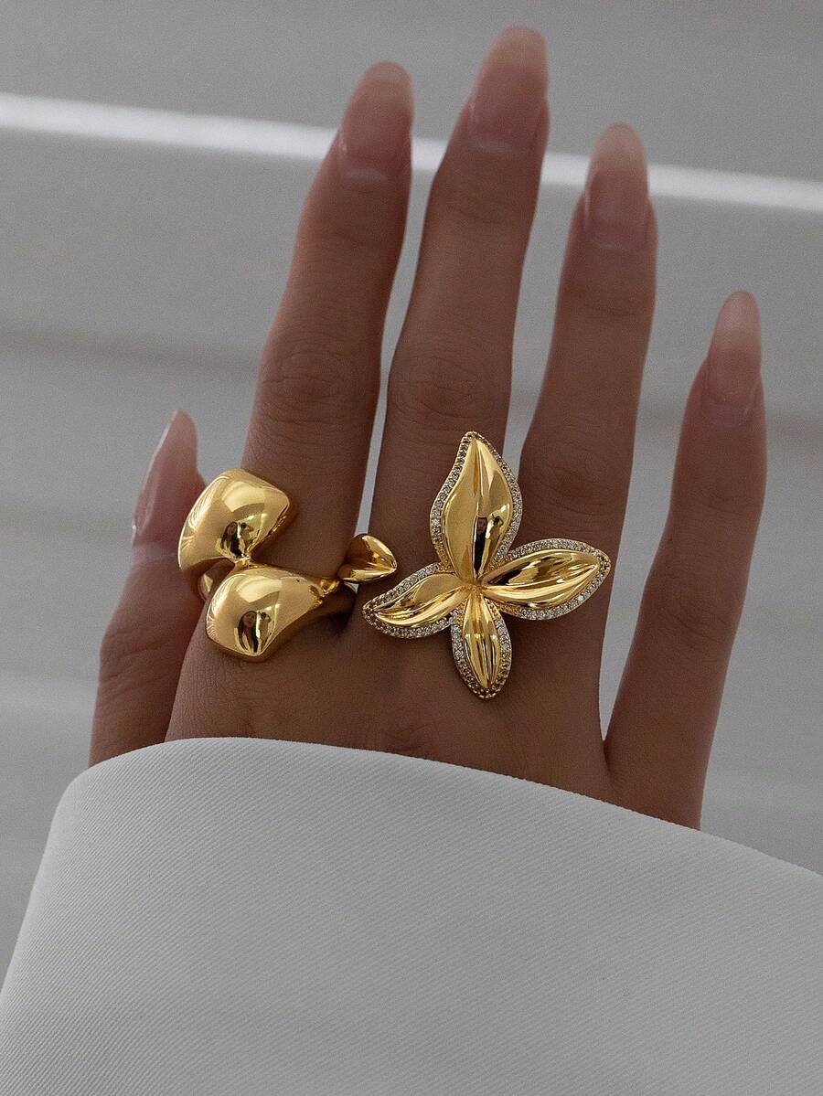 1 Pc 18K Gold Plated Flora Statement Ring For Women, Minimalist Chunky Rings Jewelry For Daily Wear