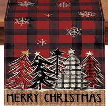 1pc Black & Red Plaid Christmas Tree & Snowflake Christmas Table Runner, Farmhouse Kitchen Dining Table Decor, Indoor Outdoor Home Decoration, Party Supplies, Size: 13x35/13x47/13x72/13x90/13x108 Inches, Winter Holiday