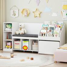 Wooden Kids Bookshelf W/Reading Nook Padded Seat Open Cubes Adjustable Shelf - White - View 2