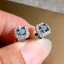 1Pair Vintage One-Size Green Square  Stud Earrings, Art Deco Inspired Emerald Color Earrings, Luxurious Geometric Jewelry, High-End Gift For Women - 銀+彩石 - 查看 3