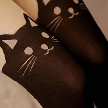 1 Pair Of Women's Black Transparent Cat Print Tights - Soft And Comfortable Casual Leggings With Cute Cartoon Kitten Design, Machine Washable, Suitable For Casual Wear And Theme Events - 1 đôi màu đen - Xem 5