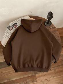 Casual Minimalist Wolf Head Print Long Sleeve Hooded Loose Sweatshirt, Suitable For Autumn/Winter Wear, Teen Boys Style - Brown - View 3