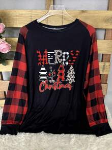 1pc Plus Size "Merry Christmas" Letter Print Sweatshirt, Women Plus Size Christmas Tree & Letter Graphic Raglan Color Block Plaid Long Sleeve Casual Loose Top, Christmas
