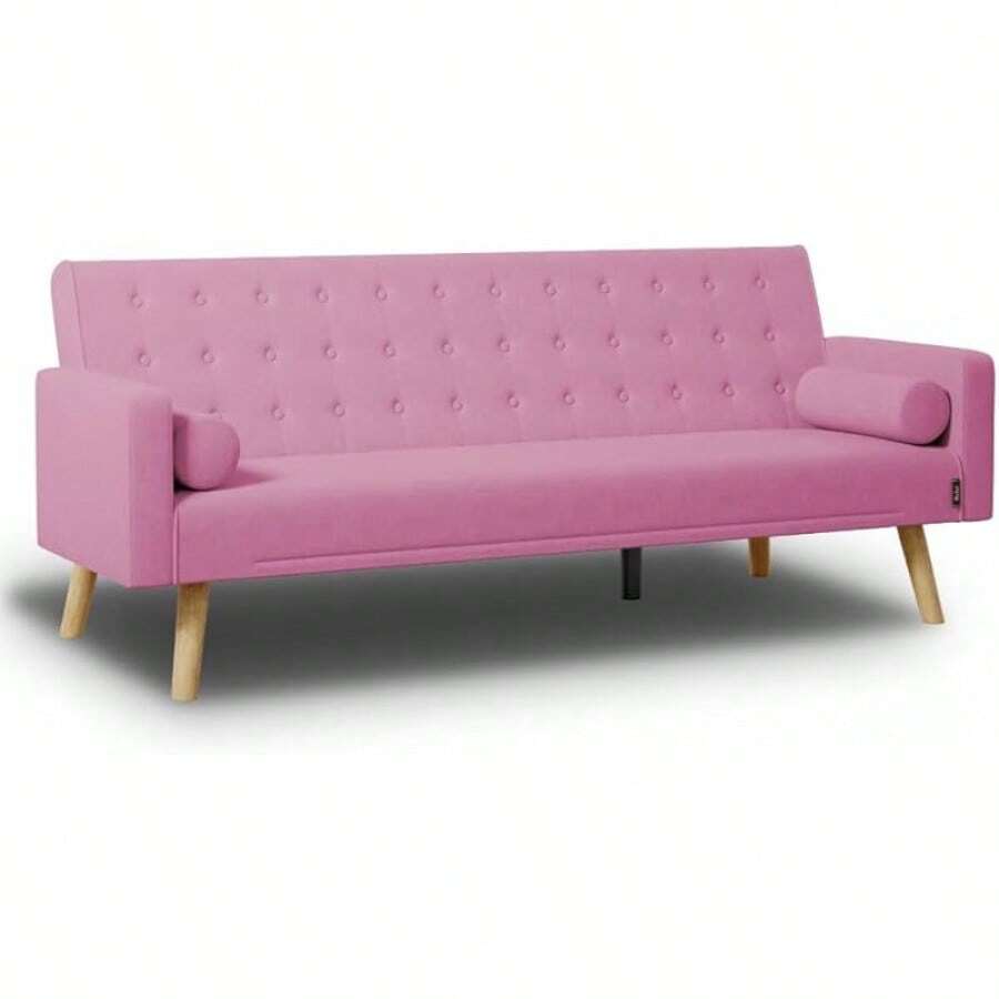 Sofá Cama 3 Plazas Acolchado 203x82x78cm One, 2 Cojines y Apertura-Clac con Dif. Grados de Reclinación. Sofá Cama Chaise Longue con Patas de Madera Convertible en Cama Doble |   Azul