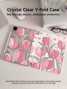 Pink Tulip Pattern Protective Case, Compatible With IPad 10th Gen, 10.2", Mini 6", Mini 7", And 9.7" Models. Also Compatible With Samsung Galaxy Tab A9 Plus. Features 3+Y Folding Design, Reinforced Silicone Corners, Auto Wake/Sleep Function, And Built-In Stylus Slot. - Multicolor - View 7