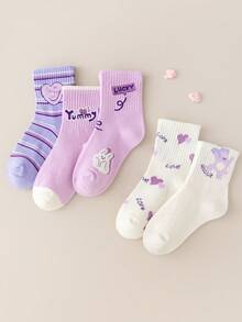 5pairs Girls Multi-Color Purple Cute Mid-Calf Socks, Autumn/Winter - Multicolor - View 13