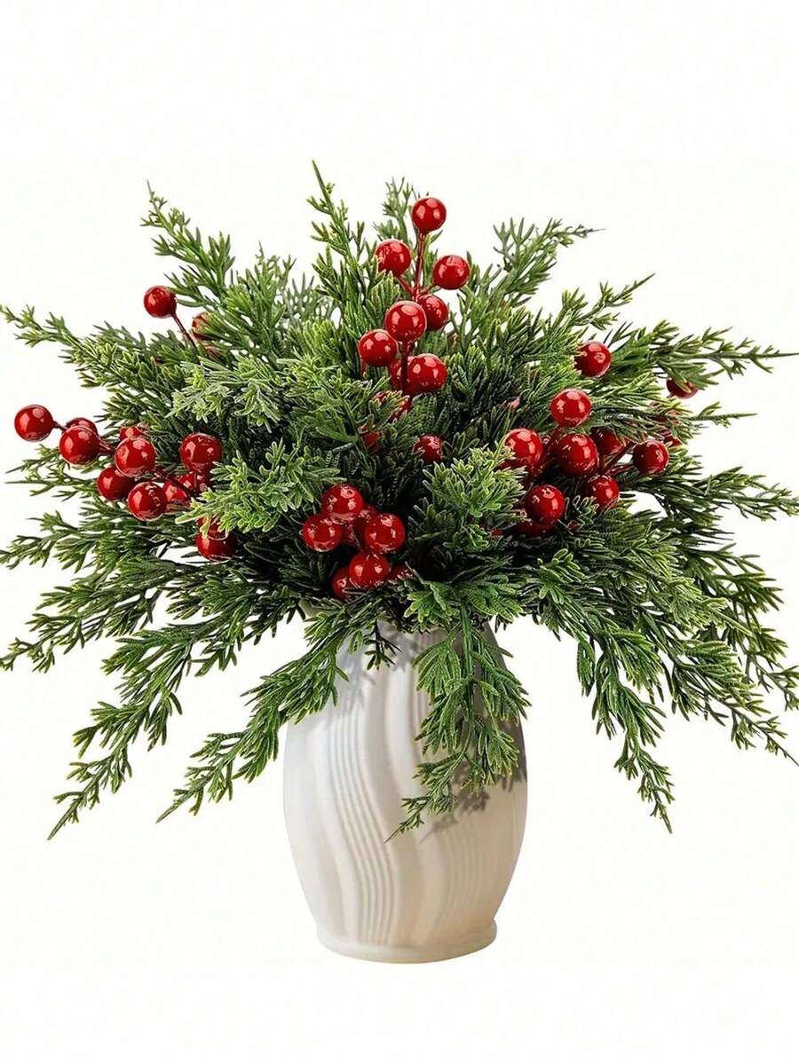 10/20pcs Christmas Pine Needle & Red Berry Set, 10-Inch Artificial Evergreen Norfolk Pine Foliage Stems, Faux Pine Needle Floral Picks For DIY Bouquets, Wreaths, Home Decor, Vases, Dining Table, Wedding Table, Fireplace Decoration, Christmas Decor