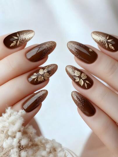 Transform Your Nails With 24pcs Medium Almond Shape Press On False Nails Elegant Classic Golden Falling Leaves Design Maple Leaf Red Base Wearable Nails Autumn/Winter Vintage Shimmering Gold Loose Powder Gradient French Red Fake Nails Full Coverage Fake Nail Tips For Women And Girls Includes 1sheet Adhesive Tabs & 1pc Mini File Strip Jelly Gel Random Shipment