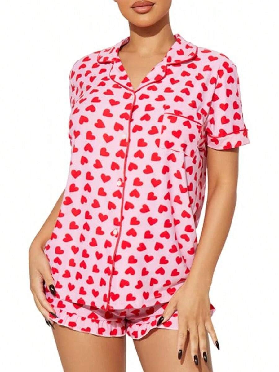 Women Y2k Pajamas Set Cute Heart Rabbit Short Sleeve Button Down Shirt Silk Satin Pjs Shorts Set Preppy Sleepwearhalloween - 5 Heart Print Red - View 1