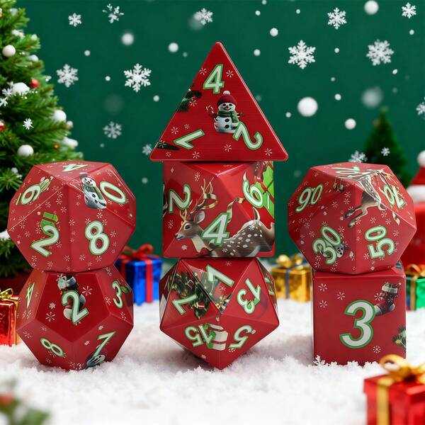 7pcs Red Acrylic Polyhedral Dice Set (With Christmas Themed Patterns), Suitable For Family & Outdoor Gatherings
