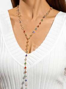 imoli 1pc Bohemian Style Copper Chain Colorful Crystal Rhinestone Heart & Y-Shaped Tassel Pendant Necklace For Women, Party Gift (Handmade Chain Cut To Size, Varying Crystal Quantity & Random Color Combination, Model Image For Reference Only)