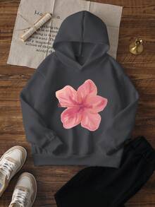 1件少女休闲印花套头卫衣，宽松版型，保暖内衬，适合秋冬季节，充满活力和想象力的设计，激发年轻心灵 - 深灰色 - 查看 2