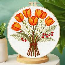 1 Set Floral Cross Stitch Kit, Includes Peony, Tulip, Daisy Patterns, 11CT For Beginners, With Embroidery Frame, Scissors, Threader, Ripper, Fabric, Thread, Home Decor Creative Gift