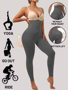 1Pc High Waist Tummy Control Yoga Pants, Slimming Lifting Stretchy Cropped Leggings, Suitable For All Seasons Tights - Dark Grey - View 4