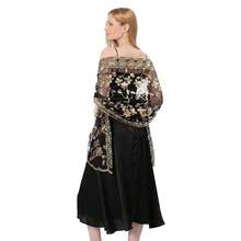 Shawls And Wraps For Evening Dresses,Women Formal 1920s Sequin Flower Sheer Shawls And Wraps For Wedding-{"Color_name":"Black+Gold"} - 黑色+金色 - 查看 8
