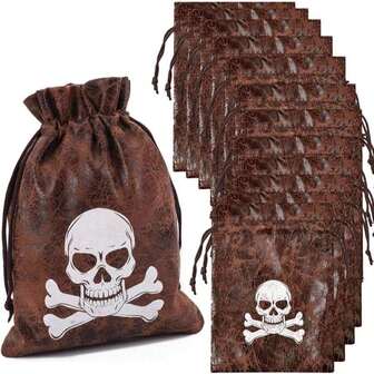 RICHNESS Pirate Loot Bags Goodie Bags With Drawstring 4.5 X 6.5 Inches Faux Cow Skin Pirate Treasure Bags For Pirate Party Favors Pack Of 12