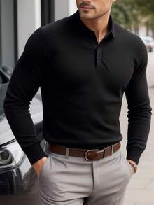 Męski sweter casualowy z długim rękawem i kołnierzykiem w jednolitym kolorze - Czarne - Zobacz 1