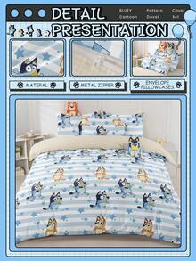 Bluey 布鲁伊 (Bruie) 2/3 件套床上用品套装，布鲁伊 (Bruie) 品牌，舒适透气，亲肤，卡通风格被套套装，包含被套和枕套（不含被芯），适用于单人床、双人床、大号床、特大号床，四季皆宜。 - 藍白色 - 查看 5