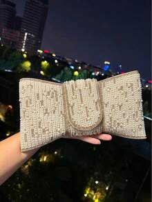 Plus Size High Quality A-Grade Rhinestone Bow Faux Pearl Shiny Crystal Evening Clutch Bag, Chain Shoulder Strap, Fashion Hand Carry Envelope Clutch Purse For Formal Gown And Party, Elegant Faux Pearl Bag, Elegant Pearl Clutch, Prom Bag