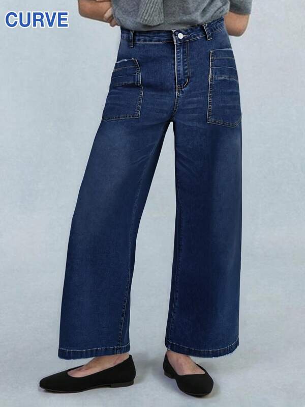 Plus Size Wide Leg Jeans - Stretchy Rayon, Vintage Wash, Cropped, Button Fly, Casual Weekend Jeans For Women, Casual Wear|Vintage Wash Jeans|Stylish Wide Leg Jeans