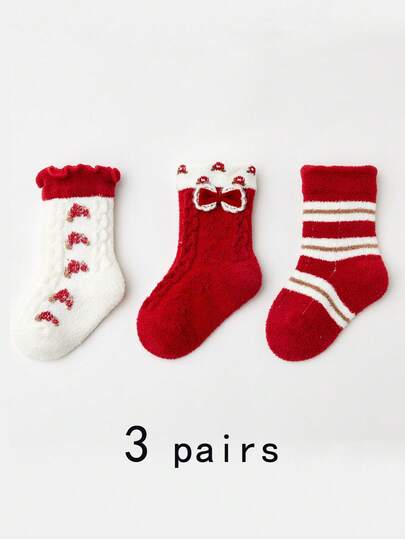 3 Pairs Girls' Red Festive Series Thick Warm Soft Fashionable Bow Cute Beautiful Princess Style Baby Socks, Suitable For Christmas, New Year, And Daily Use