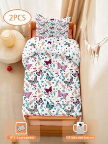 2 PEÇAS Conjunto de Roupa de Cama com Borboletas e Flores, Impressão 3D Dupla Face, Conjunto de Roupa de Cama Infantil Anime Cartoon para Meninas (1 Fronha Impressa em Face Única + 1 Edredom Impresso em Dupla Face, Sem Material de Enchimento) Adequado para Presentes, Quarto Infantil, Dormitório Estudantil