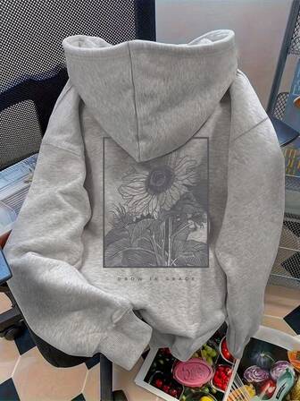 Plus Size Women's Sunflower With "GROW IN GRACE" Text Pattern Hoodie | Loose Casual Fall & Winter