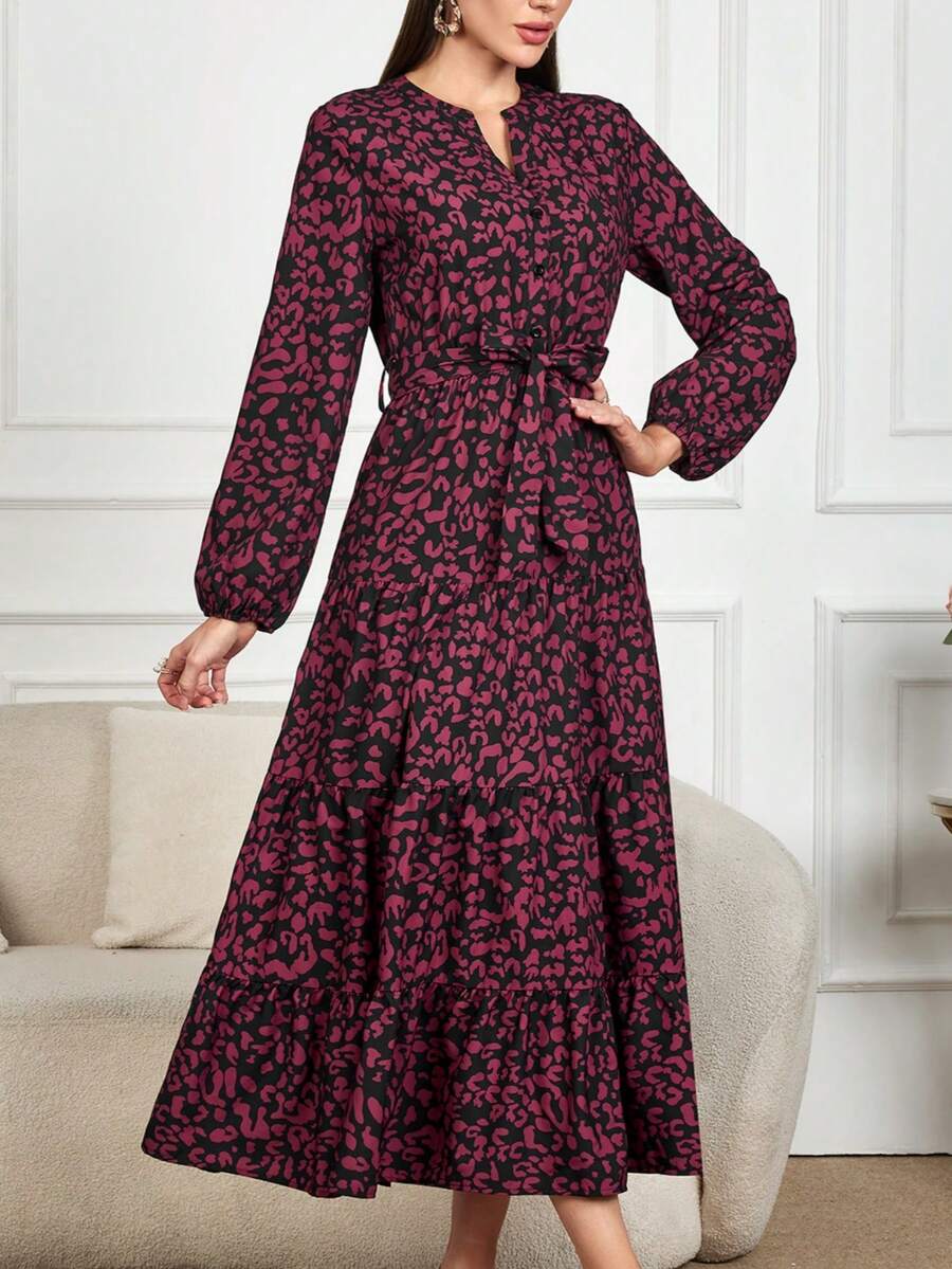Robe longue style bohème à imprimé floral pour femmes au printemps. Nouvelle robe ample en rose rouge pour l'automne 2025 avec taille marquée, robe de vacances décontractée, robe de soirée élégante, robe de plage pour la remise des diplômes, robe de soirée pour la Saint-Valentin - Rose vif - Voir 1