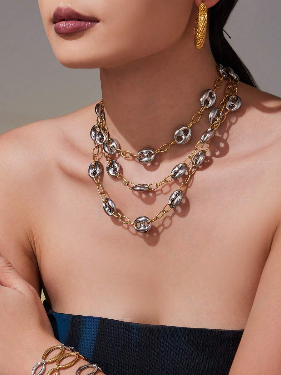 1pc Stainless Steel Bicolor Pig Nose Thick Chain Necklace, Fashionable & Versatile Jewelry - Pig Nose Necklace - View 1