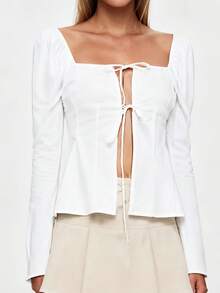 Womens Tie-Up Front Tops Long Sleeve Square Neck Solid Color Split Shirts Spring Fall Blouses - White - View 1