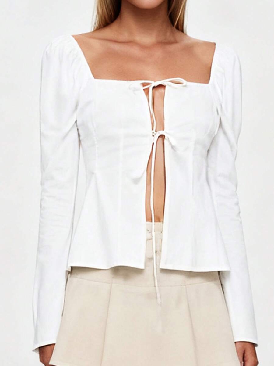 Womens Tie-Up Front Tops Long Sleeve Square Neck Solid Color Split Shirts Spring Fall Blouses - White - View 1