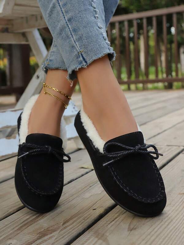 Nuovi mocassini comodi e versatili da donna, adatti per uso quotidiano, vacanze e gite, con tomaia in tela fatta a mano, lacci in corda, punta tonda e fodera in pile, scarpe basse casual