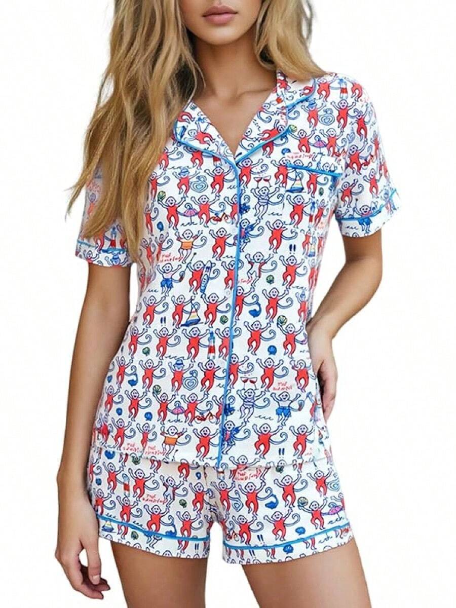Women Y2k Pajamas Set Cute Heart Rabbit Short Sleeve Button Down Shirt Silk Satin Pjs Shorts Set Preppy Sleepwearhalloween - Y Monkey White - View 1
