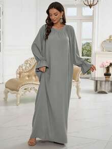 1pc New Soft Floral Sleeve Muslim Dress Without Hijab, Elegant Pleated Collar Design, Classic Versatile Abaya, Suitable For All Seasons