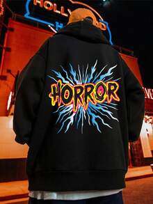 男士渐变闪电字母印花连帽衫，保暖内衬，套头设计，长袖，哥特风格，秋冬款 - 黑色 - 查看 2