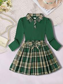 Girls Ribbed Knit Cardigan & Pleated Plaid Skirt 2 Pieces Set, Spring/Autumn - Green - View 2