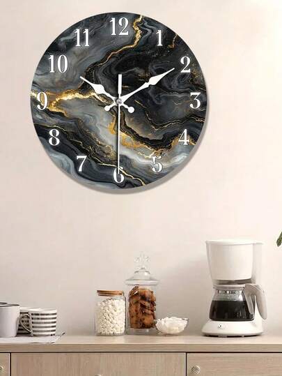 1pc Non Ticking Wooden Wand Klok Abstract Marble Texture Golden Accents, Moderne Circular Living Room, Bedroom, Office, Balcony (10"/12" Battery Not Included), Stylish Timepiece, Contemporary Nobattery view 3
