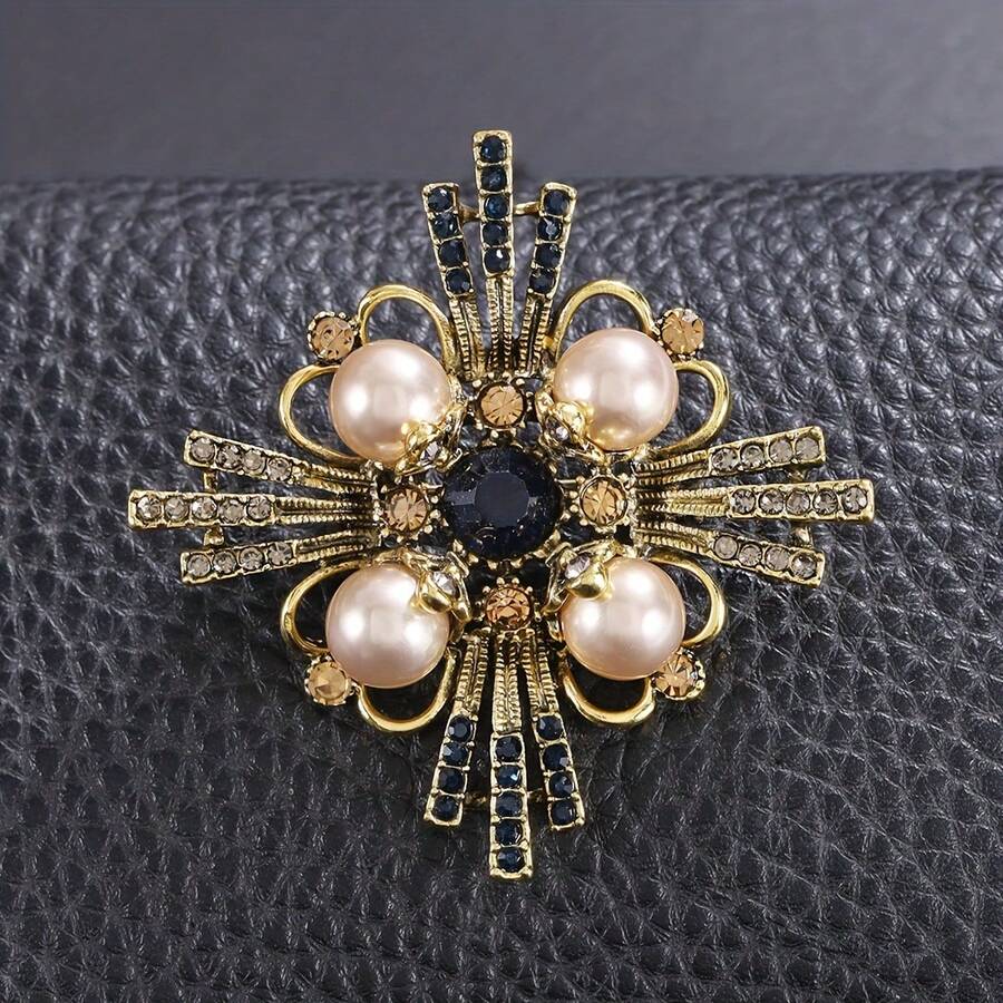 1pcs Vintage Women's Brooch Alloy Inlaid With Rhinestones Imitation Pearl Pin Autumn Winter Coat Jacket Brooch Fixed Decoration Suitable For Daily Party Banquet Wear - 金色的 - 查看 1