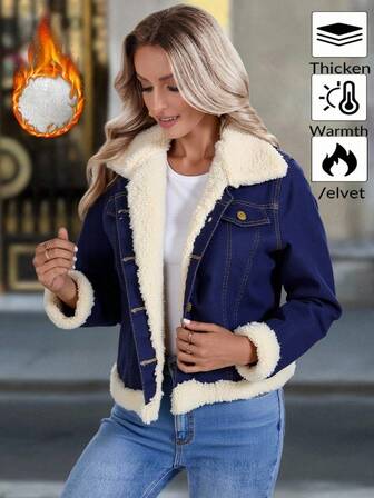 Chaqueta vaquera elegante para mujer, manga regular, forro cálido, cuello con botones, bolsillos, sin elasticidad, largo regular.
