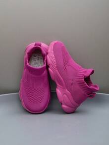 1 Pair Kids' Sneakers, Breathable Elastic Soft Shock-Absorbing Quick-Drying Lightweight Waterproof Combination Of Fabric And Leather Upper, Casual Street Style Suitable For Running, Walking, School, Knitted - Red Violet - View 5