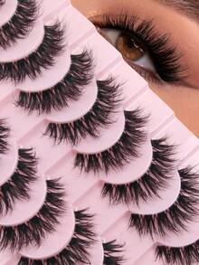 10对D型卷翘假睫毛，手工3D仿貂毛假睫毛，自然柔软，浓密纤长，透明带，蓬松轻盈，交叉条状设计，自然妆容，万圣节圣诞节礼物 - 交叉款 - 查看 2