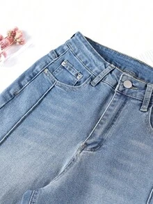 Vaqueros casuales de mezclilla de lavado claro con pierna ancha para mujer, largos, de tela muy elástica, estilo moderno - Azul - Ver 2